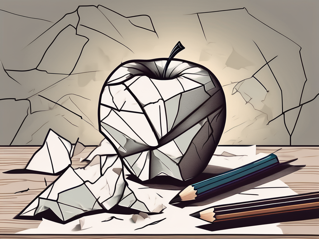 An apple on a desk with cracks running through it