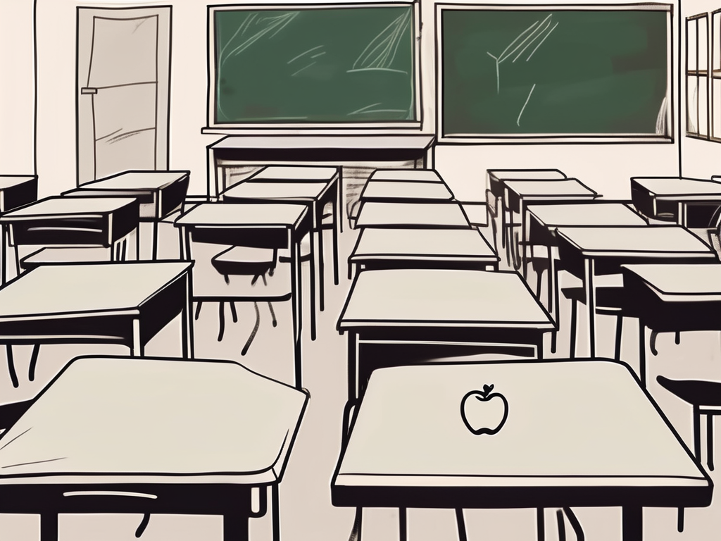 A classroom scene with empty chairs