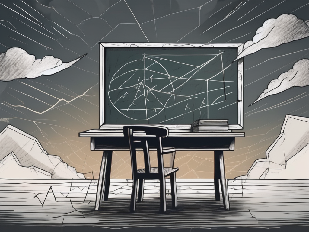 A cracked chalkboard with a half-erased mathematical fraction (7/10) and a subtly shaking wooden teacher's desk