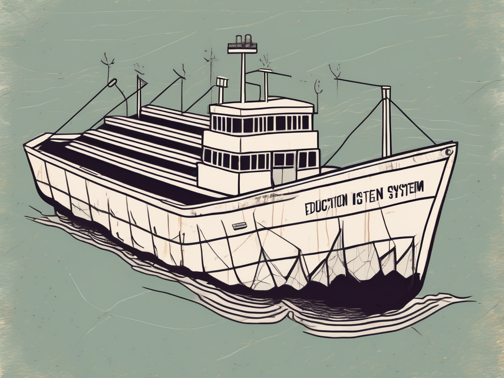 A sinking ship labeled "education system" with eight out of ten lifeboats detached