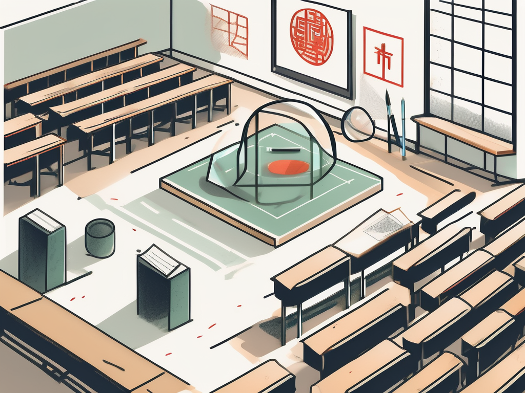 A classroom setting with symbols representing china