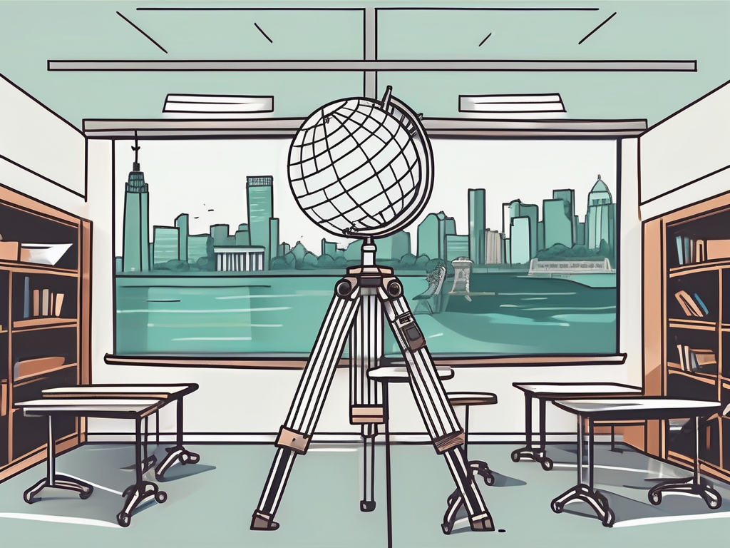 A classroom setting with a camera on a tripod capturing various international elements like the eiffel tower