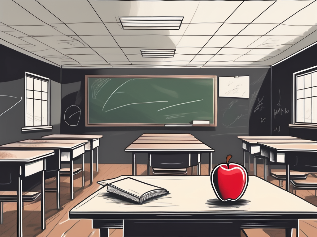 An empty classroom with a chalkboard