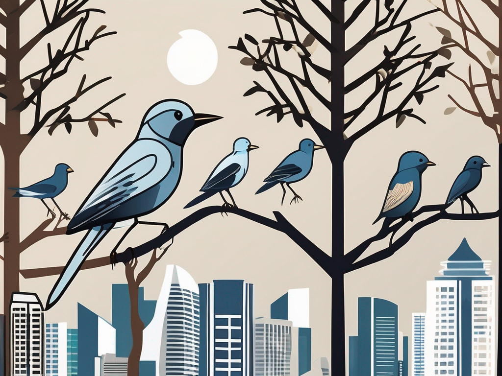 A collection of ten different bird species (representing twitter) perched on a branch of a tree (representing an international school)