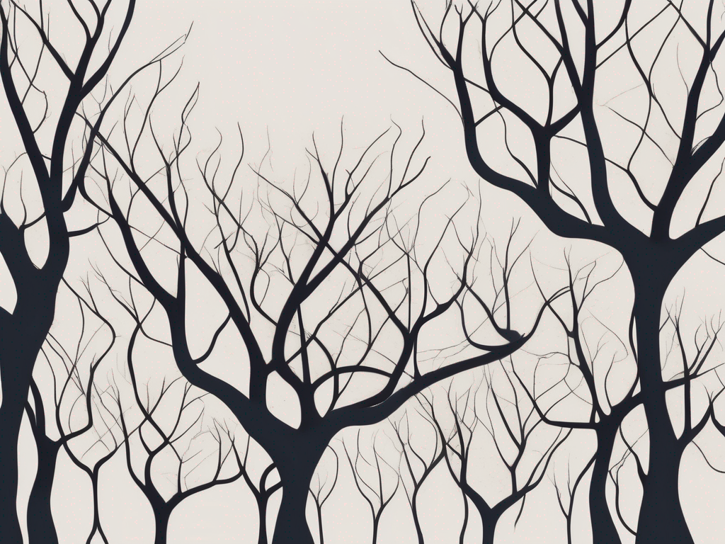 A barren tree with seven of its ten branches appearing stunted and underdeveloped