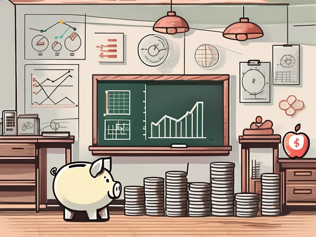 A classroom setting in hong kong with various symbols of savings like piggy banks