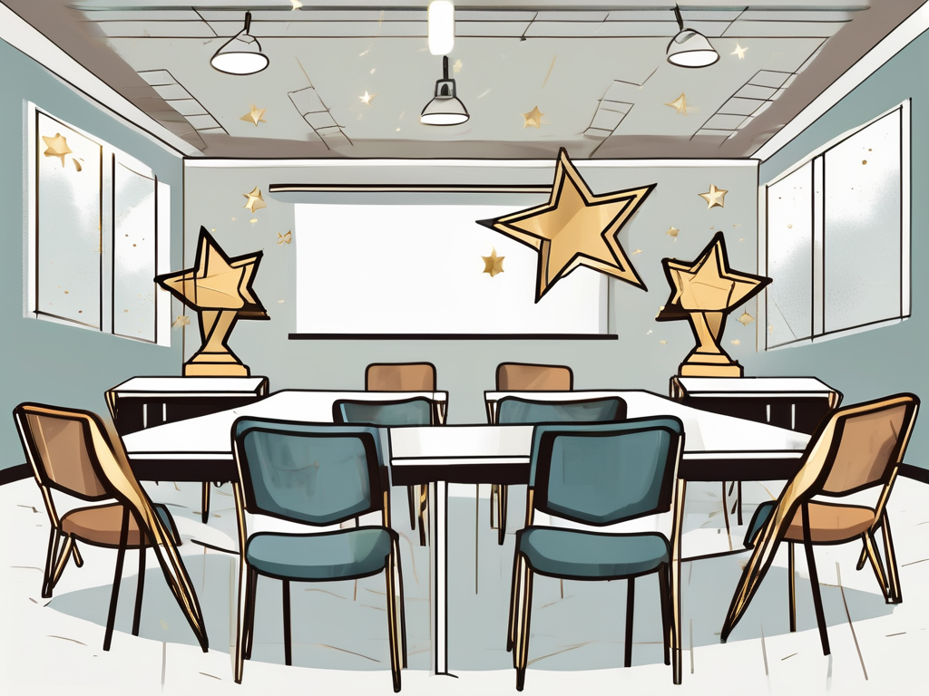 A classroom setting with seven empty chairs out of ten