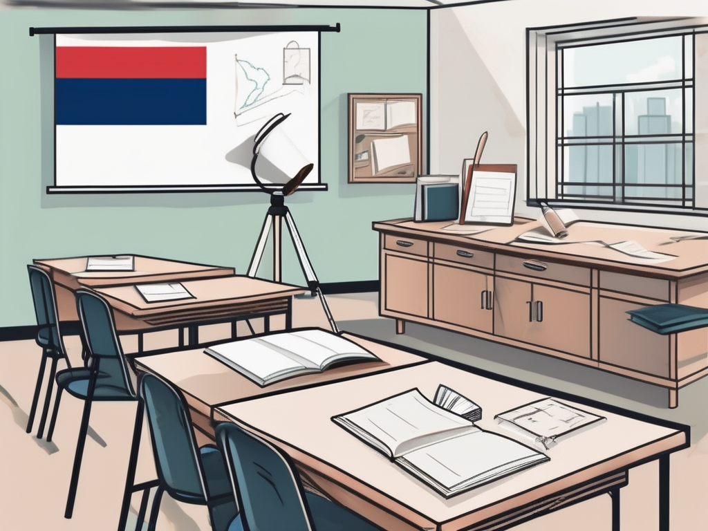 A classroom setting with various educational tools scattered around