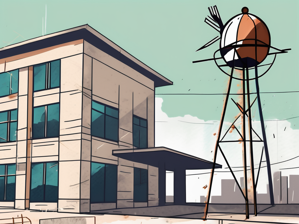 A crumbling school building with a weather vane on top pointing towards a bright