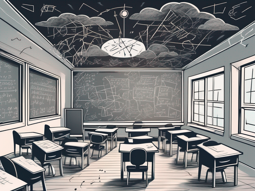 A classroom scene with desks and chairs in disarray
