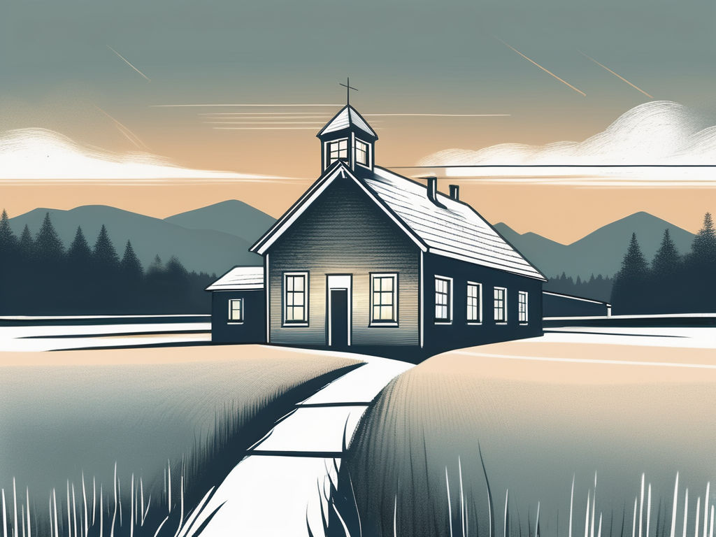 A solitary schoolhouse in a vast