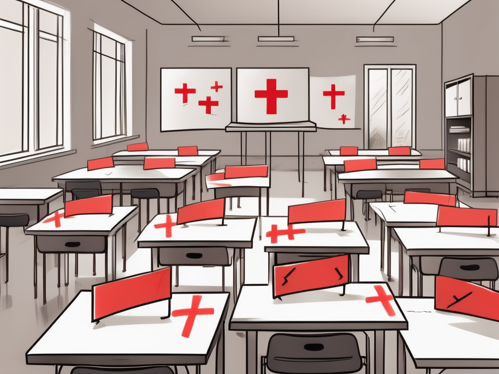 A classroom scene with eight out of ten desks marked with red crosses