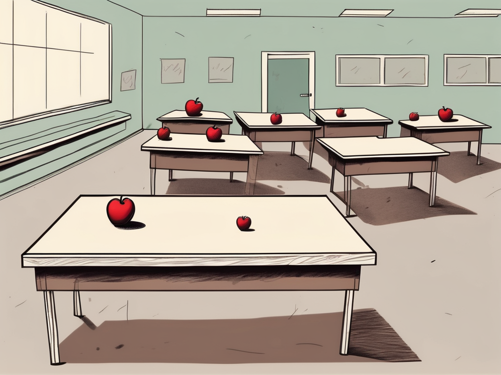 A classroom setting with an empty teacher's desk symbolizing neglect