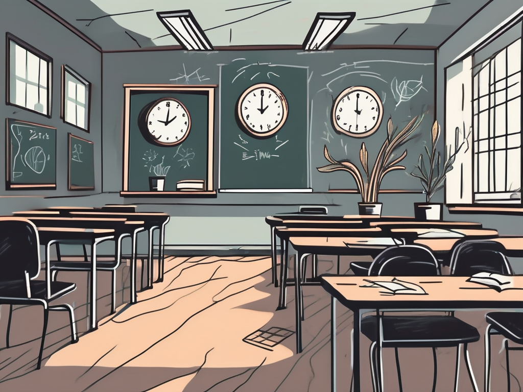 A dimly lit classroom with empty desks and chairs