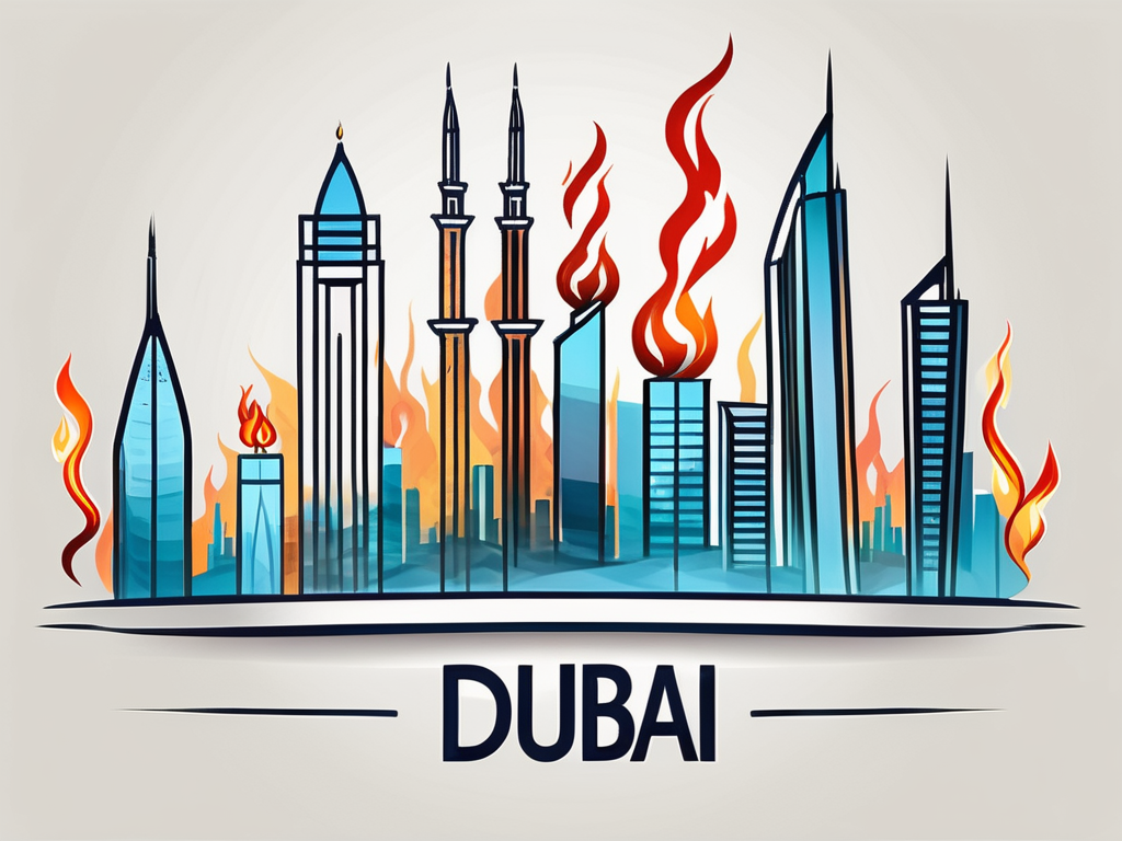 A symbolic representation of dubai's skyline with five flaming torches representing the burning higher education issues