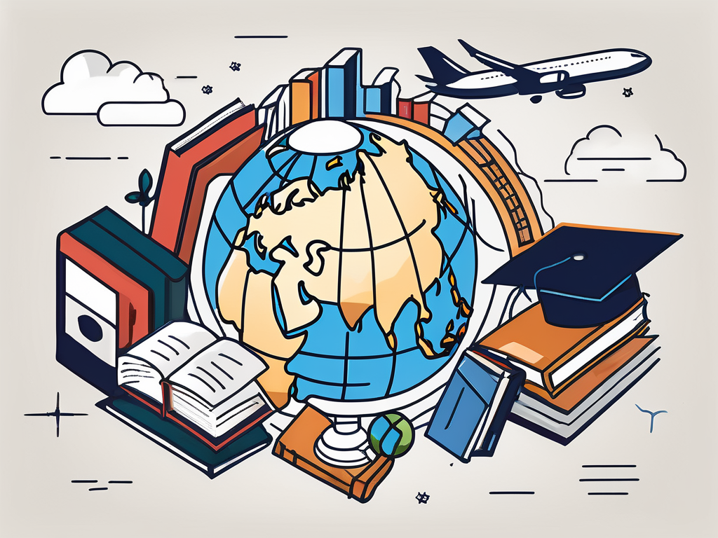 An international school in malaysia surrounded by five symbolic icons representing qualifications such as a globe (for international understanding)