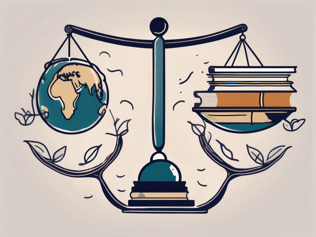 A balanced scale with one side holding a globe symbolizing international schools and malaysia