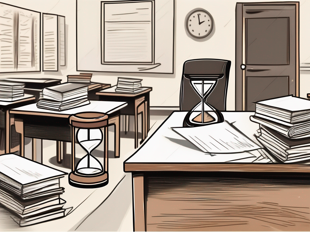 A classroom desk piled high with papers and books
