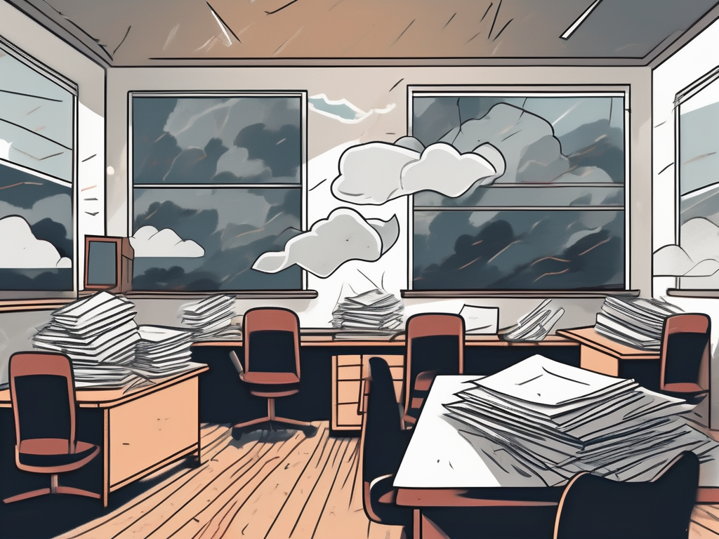 A classroom desk cluttered with papers and a broken apple