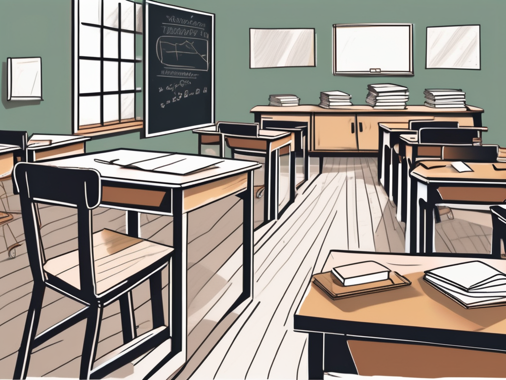 An empty classroom with desks and chairs