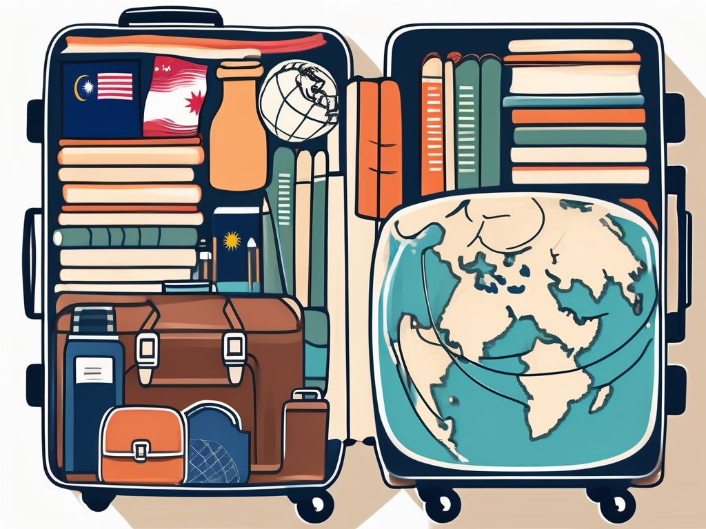 A suitcase open with various items like books