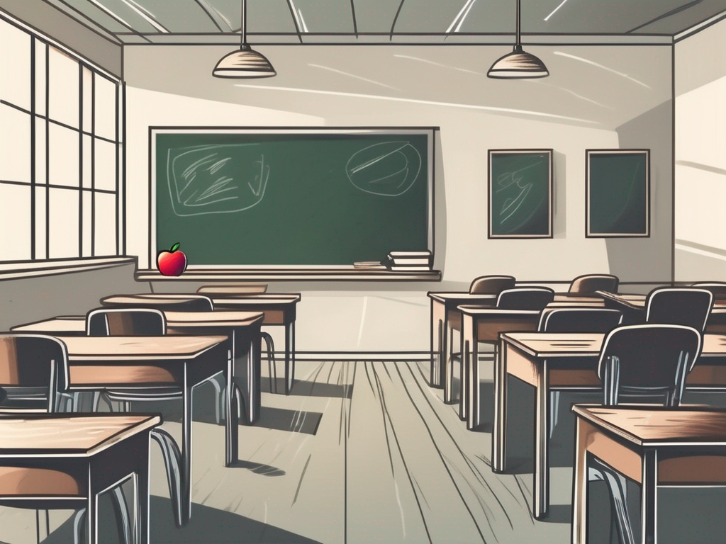 A deserted classroom with empty chairs and desks