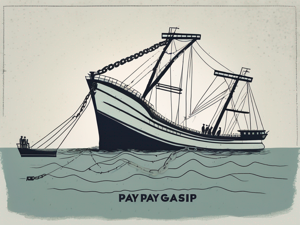 A sinking ship labeled "education" being weighed down by heavy chains labeled "pay gap" and "workload"