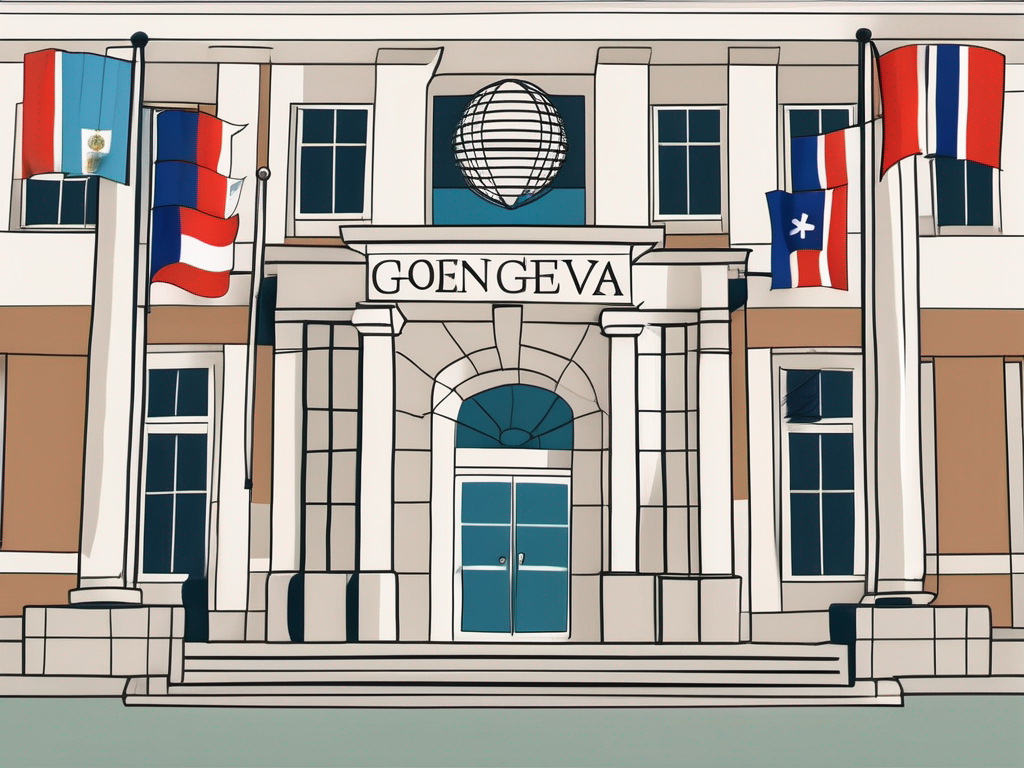 The international school of geneva building surrounded by various national flags