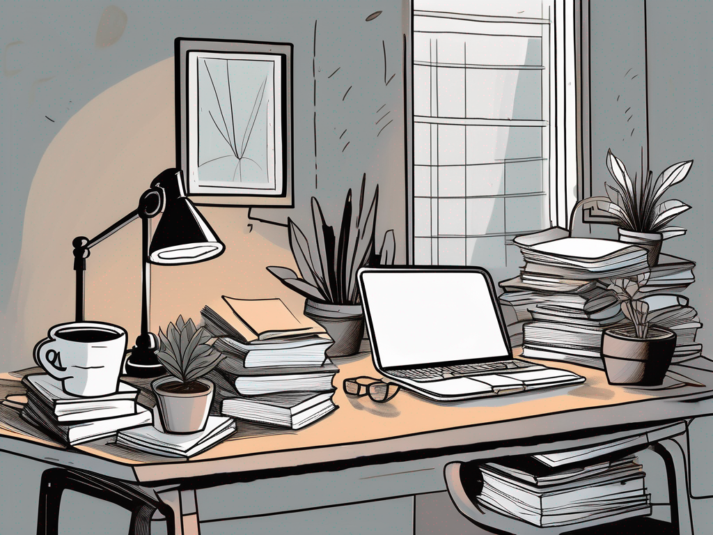 A heavily laden desk with stacks of papers