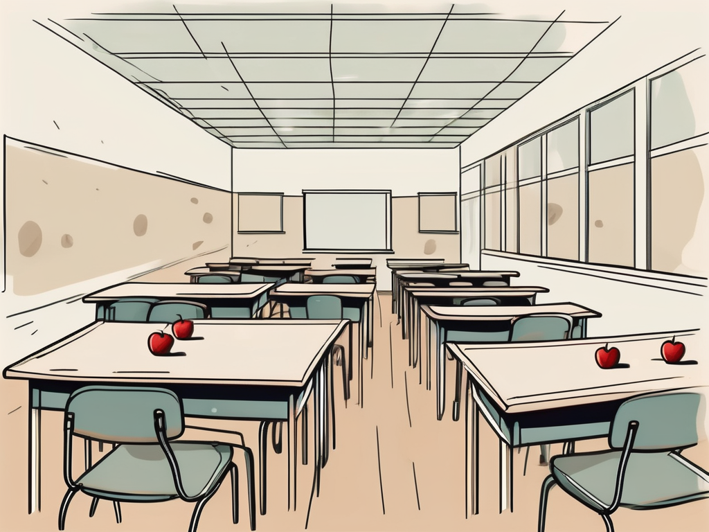 A half-empty classroom with a few scattered apples on the desks