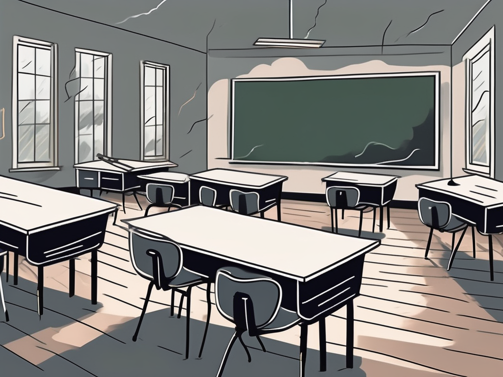 A classroom with empty desks and chairs