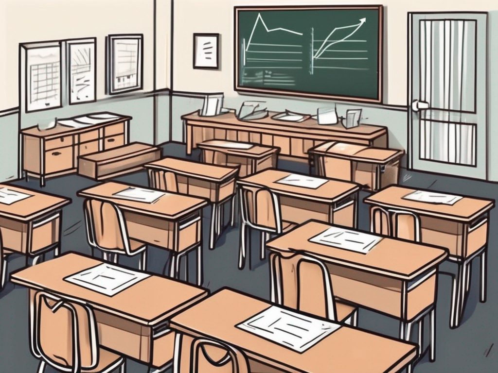 A classroom with empty desks and chairs