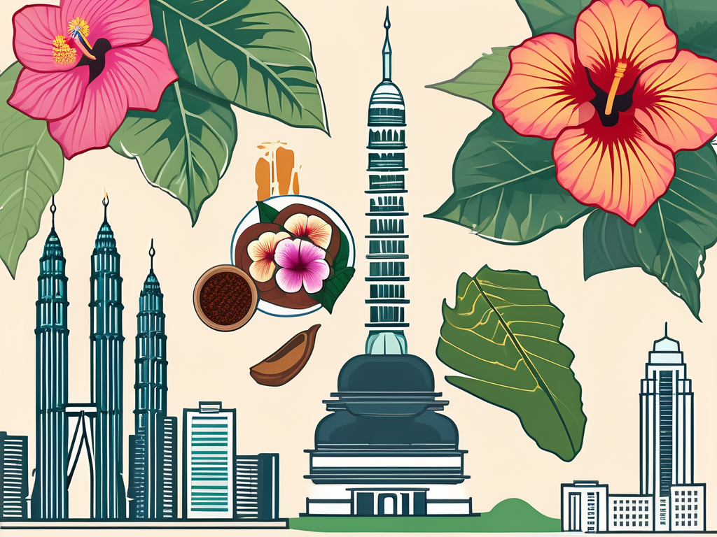 A collage of malaysian cultural symbols such as the petronas towers