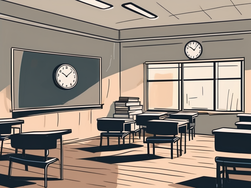 A dimly lit classroom with an apple on the desk