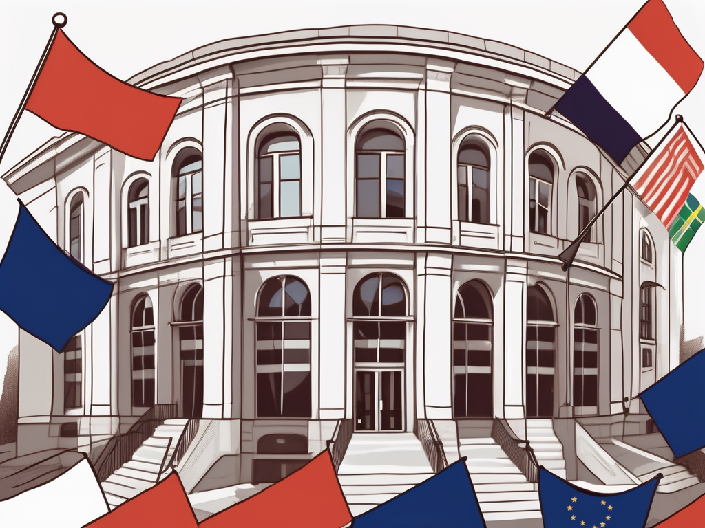 The international school of milan building surrounded by various international flags