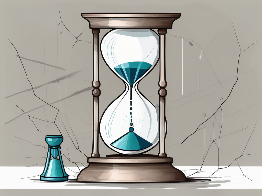 An overflowing hourglass next to a cracked school bell