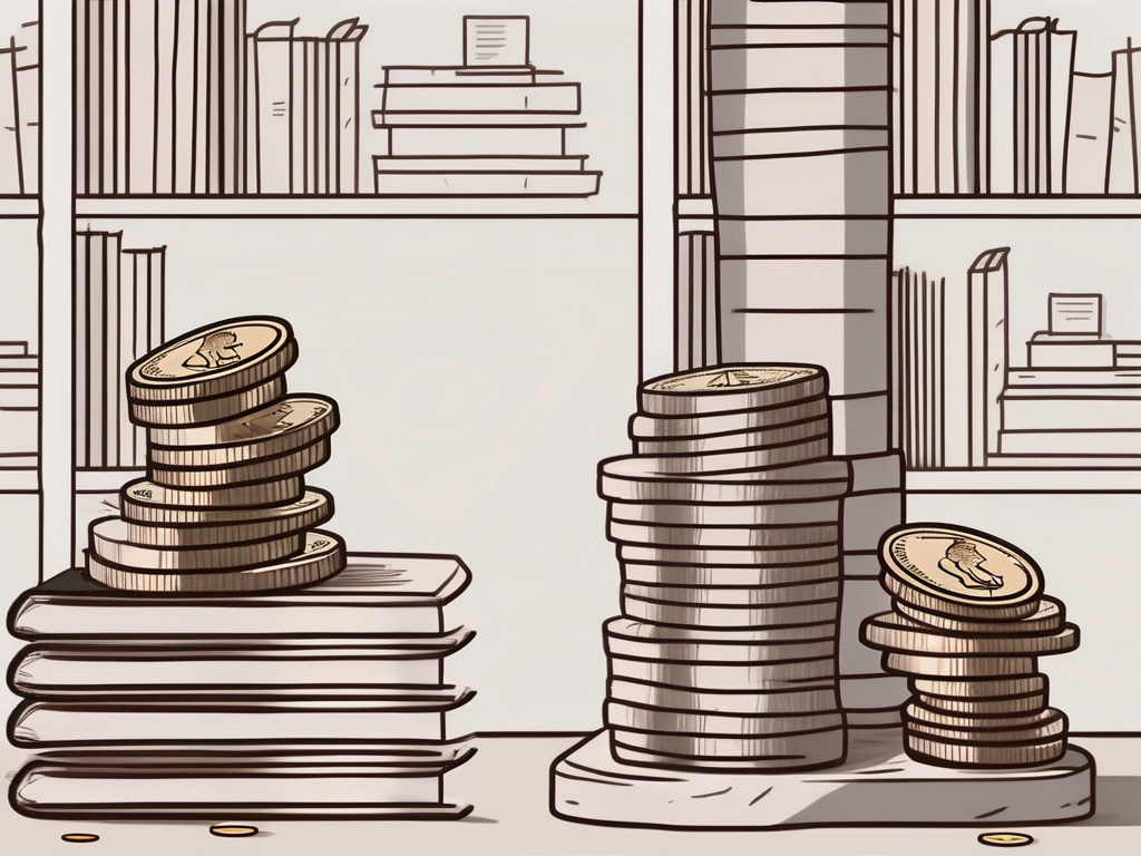 A heavy stack of books and papers on one side of a scale and a small pile of coins on the other