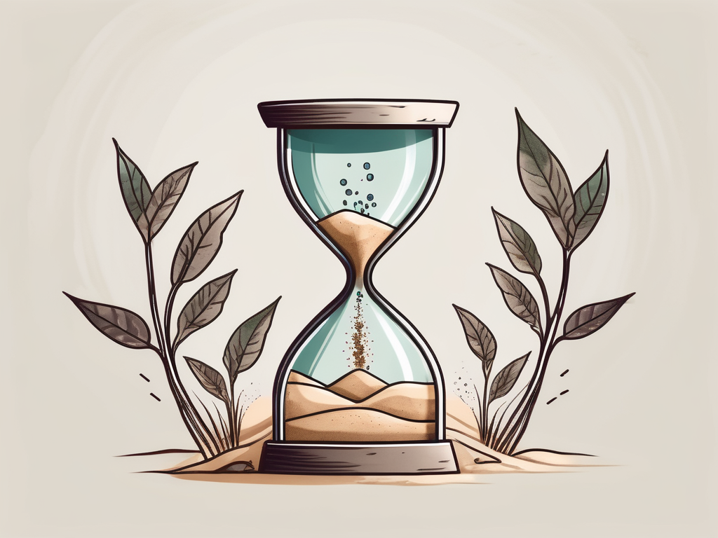 A half-filled hourglass with sand falling onto a small