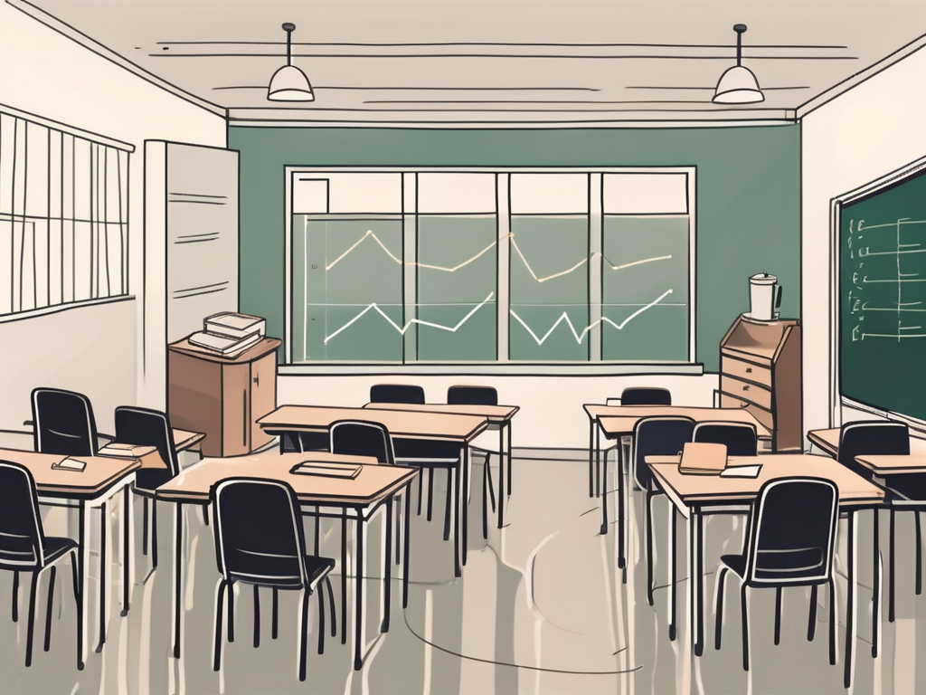 A classroom with empty desks and chairs