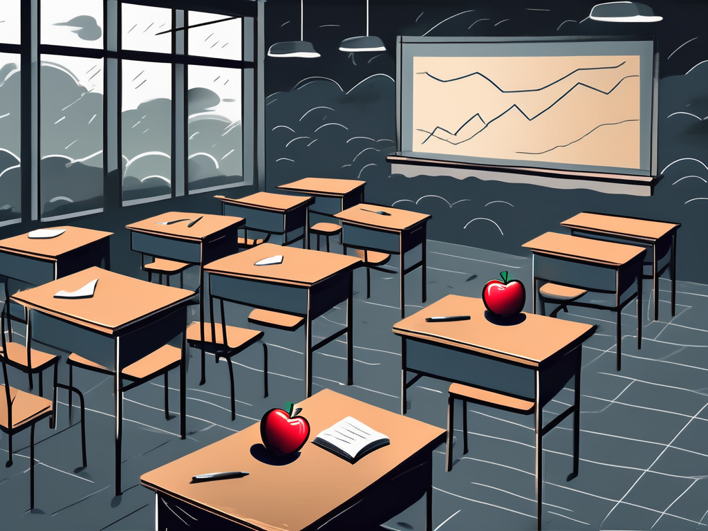 A classroom with empty desks and chairs