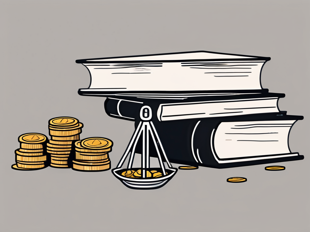 A heavy stack of books and papers on one side of a balance scale and a small pile of coins on the other side
