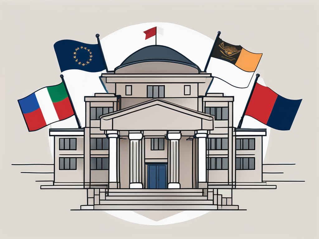 The carol morgan school building with several international flags fluttering in the breeze