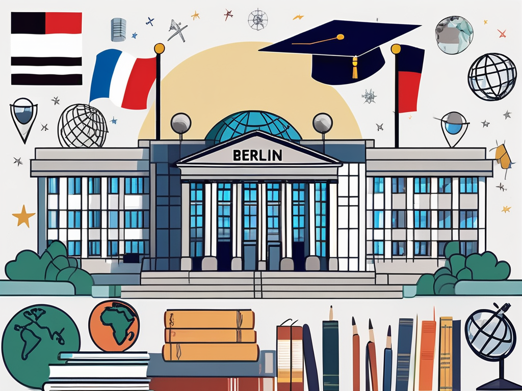 The berlin brandenburg international school building with various symbols like a globe