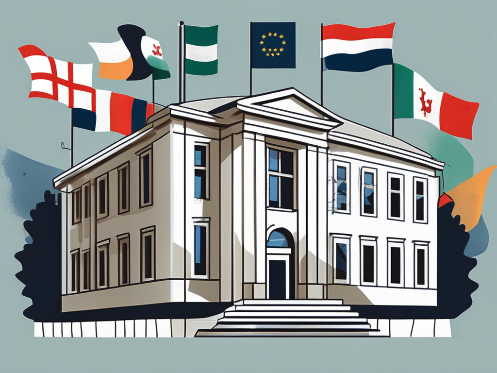 The international school of helsinki building with a variety of international flags fluttering around it
