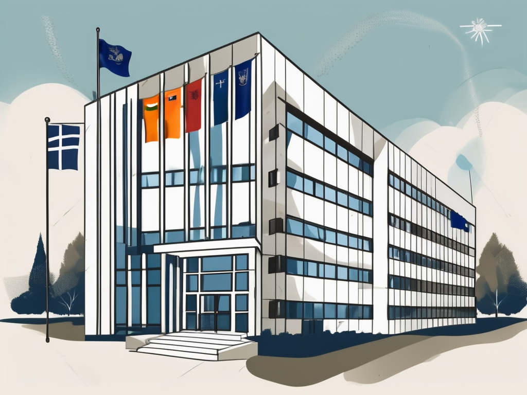 The tallinn international school building with a variety of international flags waving in the wind