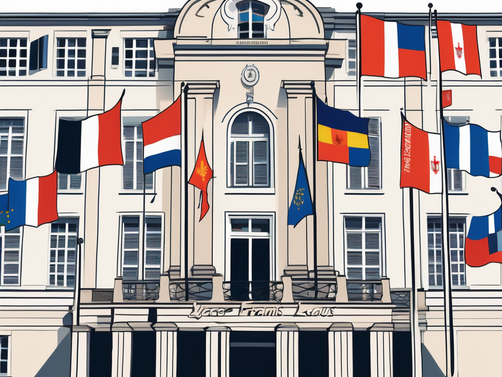 The lycée français saint-louis de stockholm building with a variety of international flags fluttering in the wind