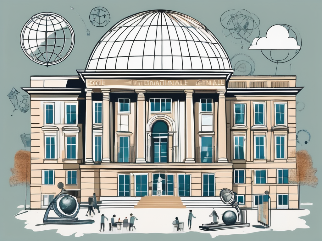 The ecole internationale de genève building with symbols of different academic disciplines like a microscope