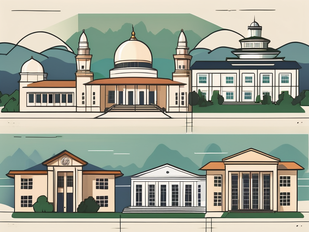 Five different school buildings representing various architectural styles from around the world