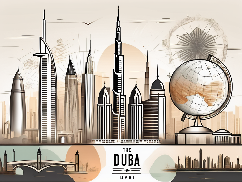 The iconic dubai skyline with various educational symbols like graduation cap