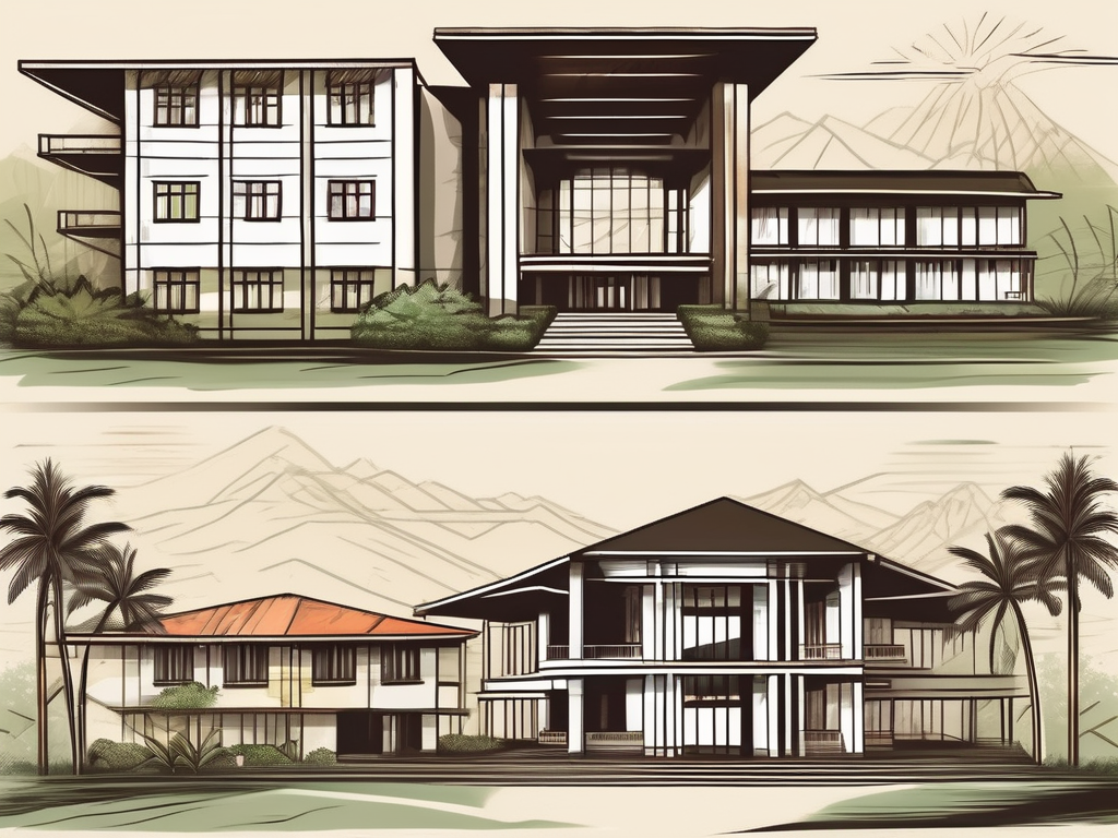 Five different school buildings representing various architectural styles from around the world